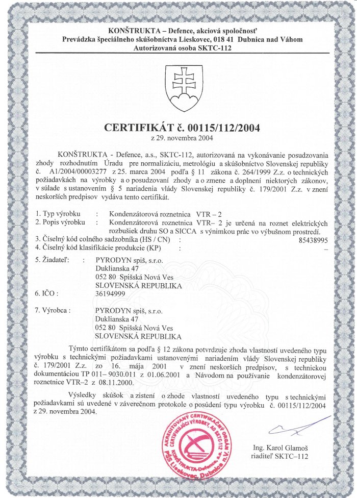 Certifikát č. 00115/112/2004
